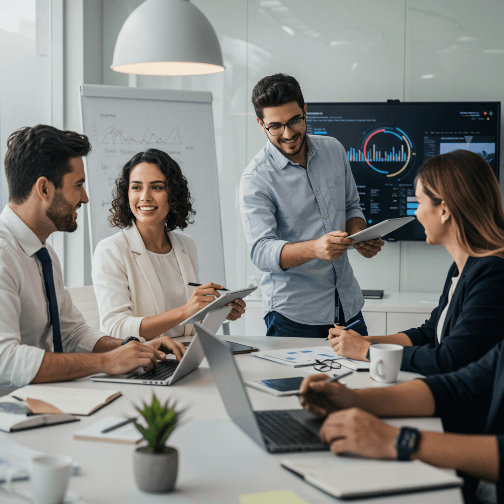 Equipe i2Biz em reunião analisando dados de gestão de estoque